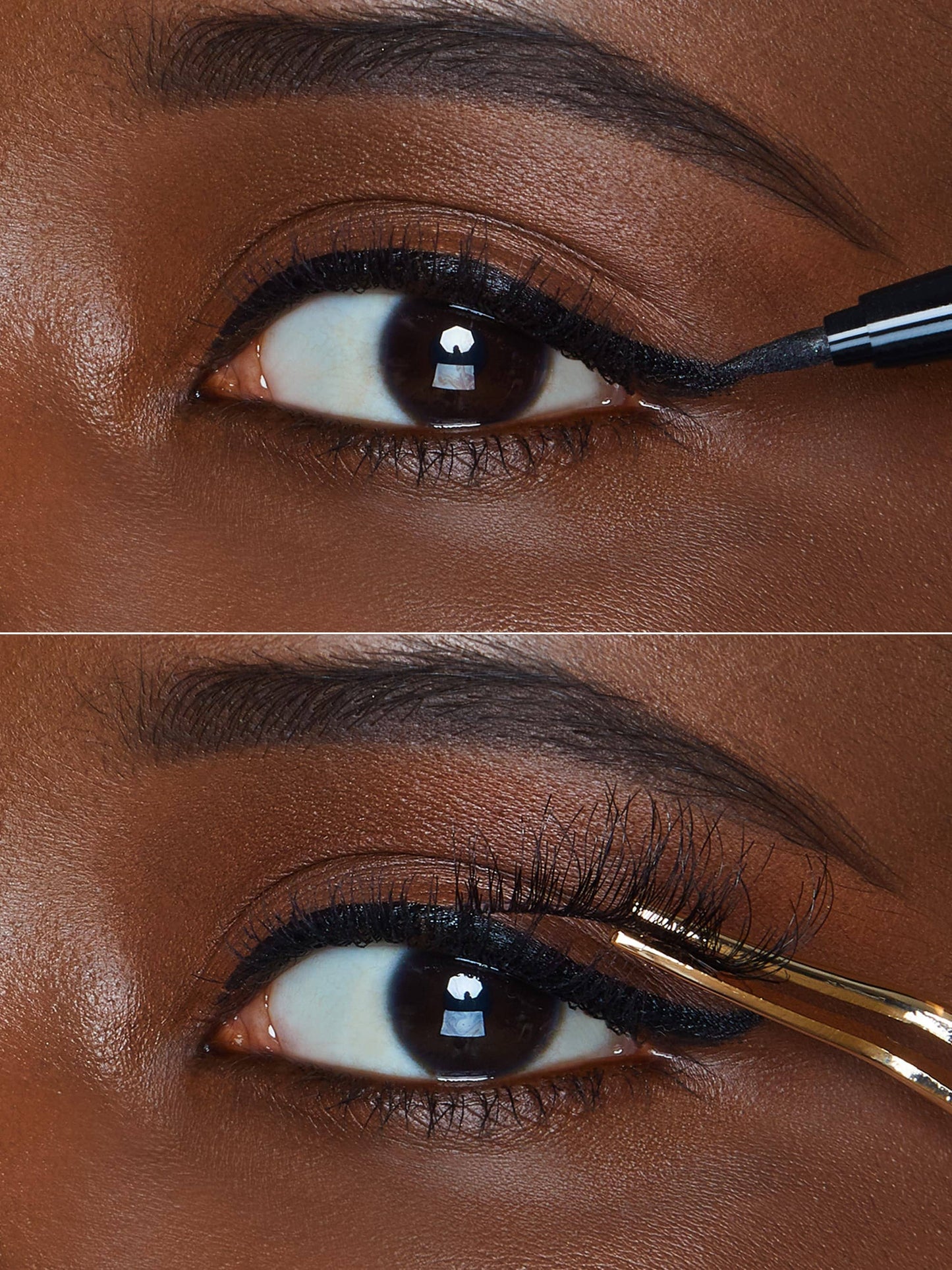 Close-up of an eye with eyeliner being applied and a gold eyelash curler.