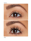 Before and after comparison of an eye with eyelashes, showing the effect of eyelash extensions.