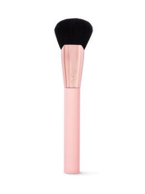 tarte cosmetics Makeup brush with black bristle head and rose gold handle on a white background
