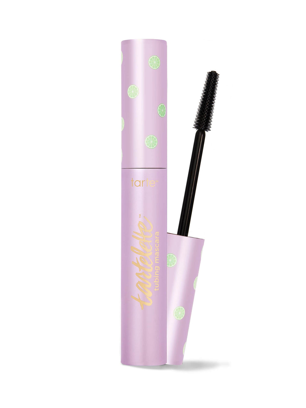 Mascara with purple and green polka dot packaging on a white background