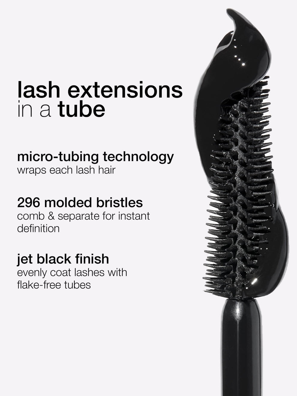 Black hairbrush with text describing lash extensions in a tube technology on a white background