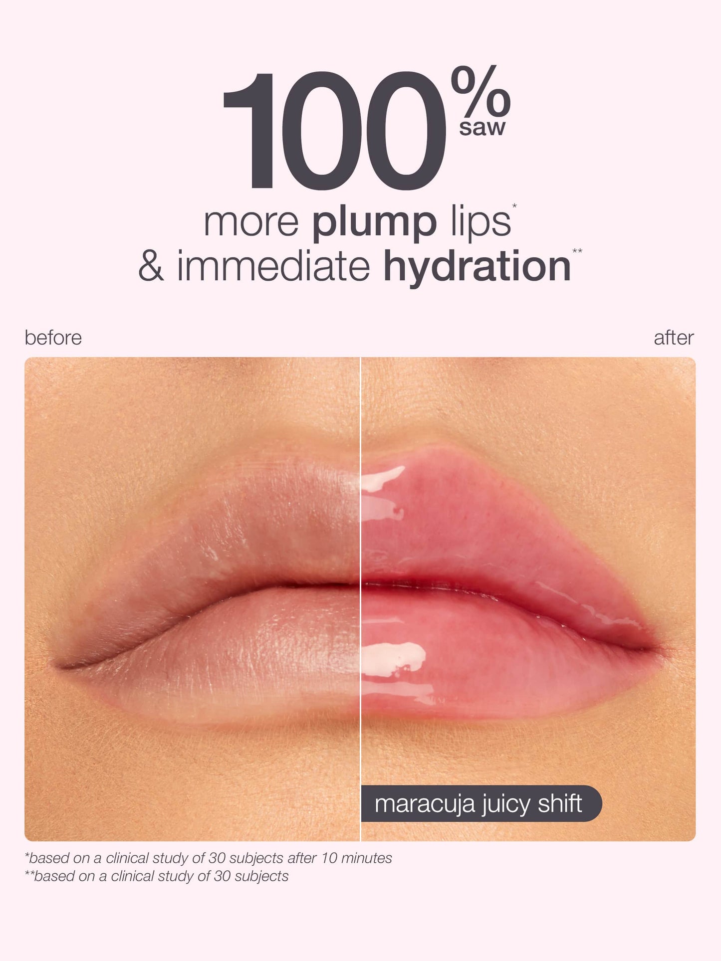 Before and after comparison of plump lips with immediate hydration, featuring maracuja juice shift.