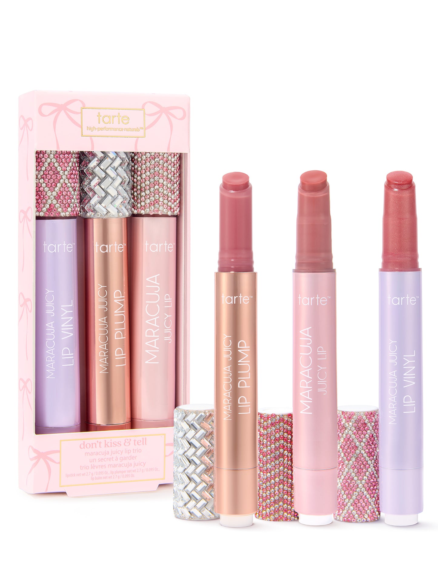 tarte cosmetics maracuja juicy lip trio don't kiss & tell on a white background