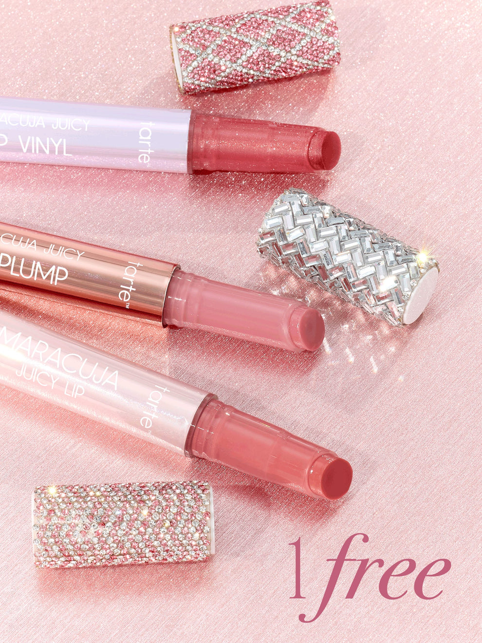 tarte cosmetics maracuja juicy lip trio on a pink background buy 2 get 1 free