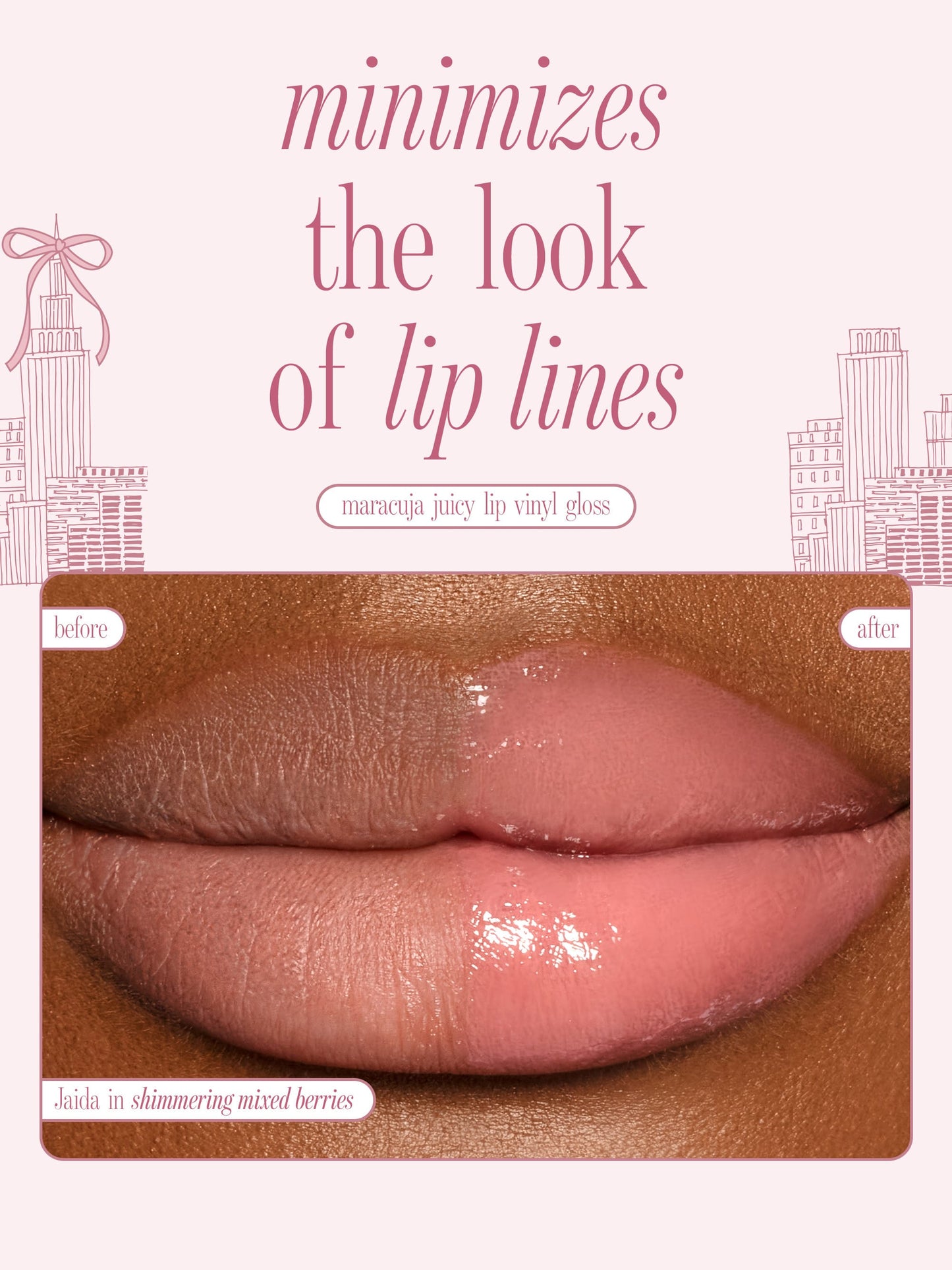 tarte cosmetics maracuja juicy lip trio maracuja juicy lip vinyl gloss with text minimizes the look of lip lines, before and after image