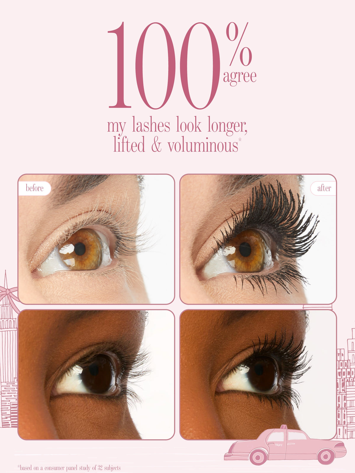 before and after of tarte cosmetics tartelette XL tubing mascara, 100% agree lashes look longer, lifted and voluminous