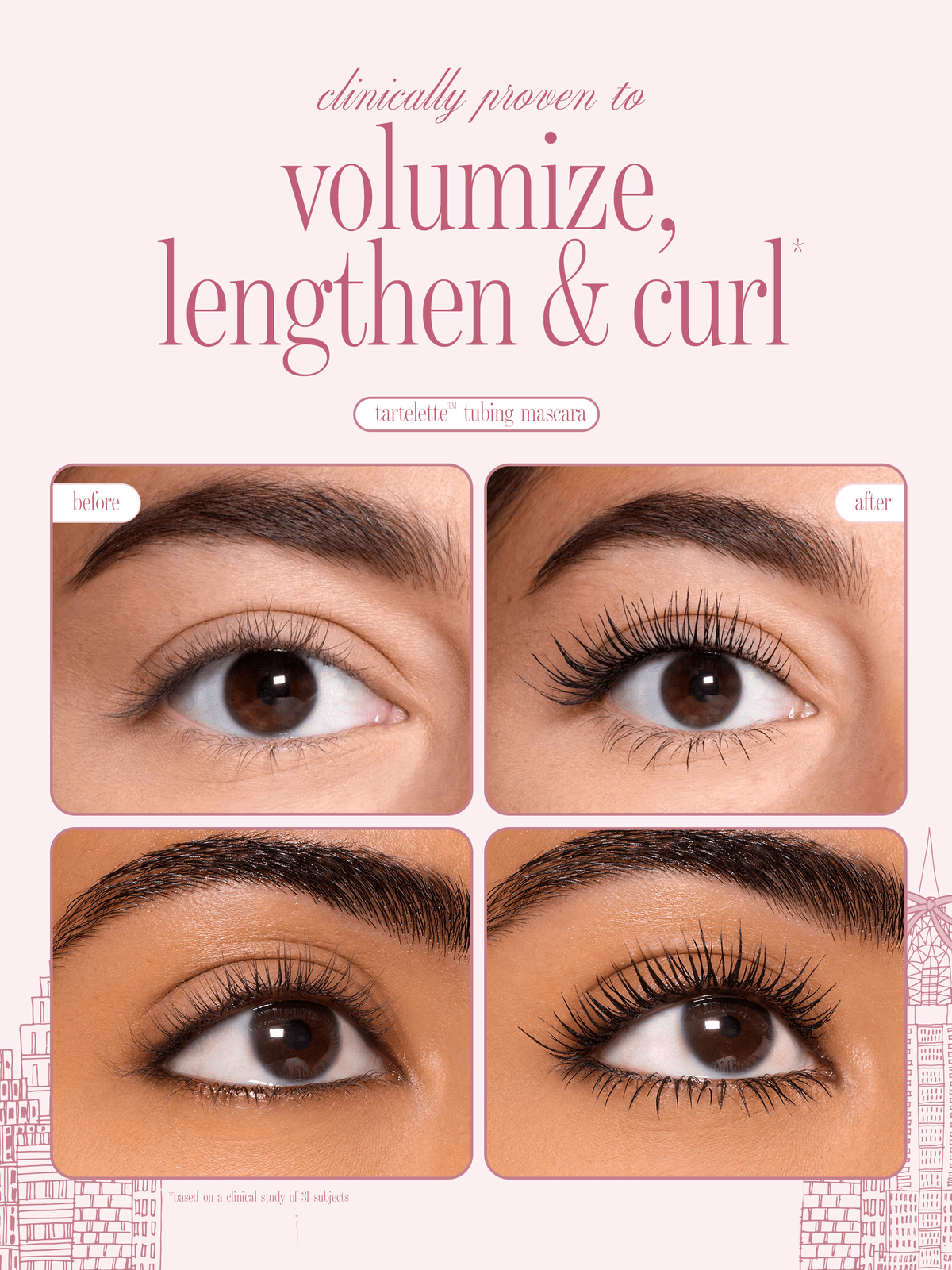 before and after of tarte cosmetics tartelette XL tubing mascara, clinically proven to volumize, lengthen & curl
