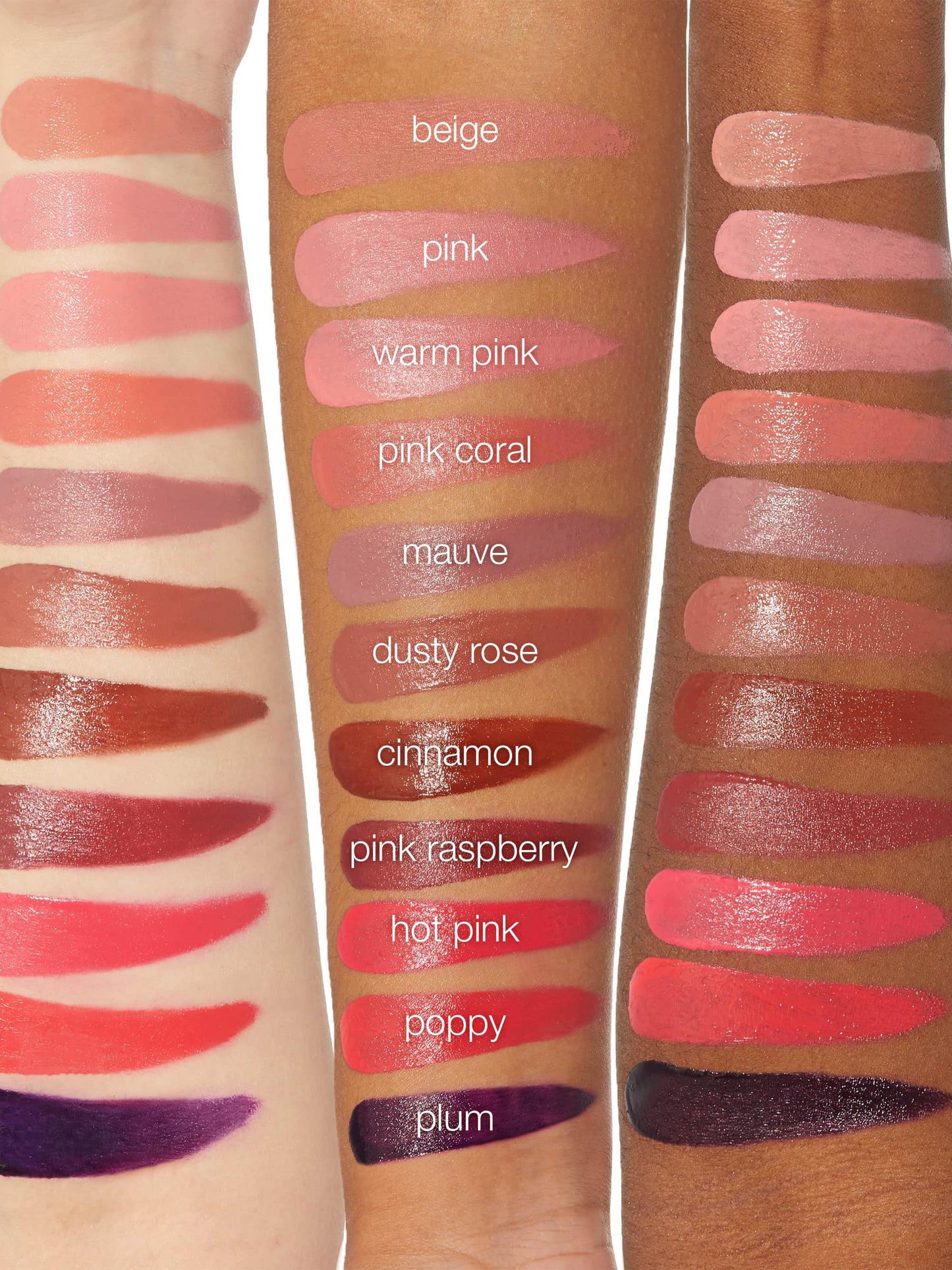 Arms display swatches of Tarte Cosmetics lip colors, labeled beige, pink, warm pink, pink coral, mauve, dusty rose, cinnamon, pink raspberry, hot pink, poppy, plum, showing color variations on different skin tones.