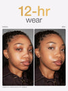 Before and after comparison of a woman's face using tarte maneater foundation with '12-hr wear' text above.
