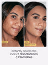 Before and after comparison of a woman's face using tarte maneater foundation stick with text indicating product effectiveness.
