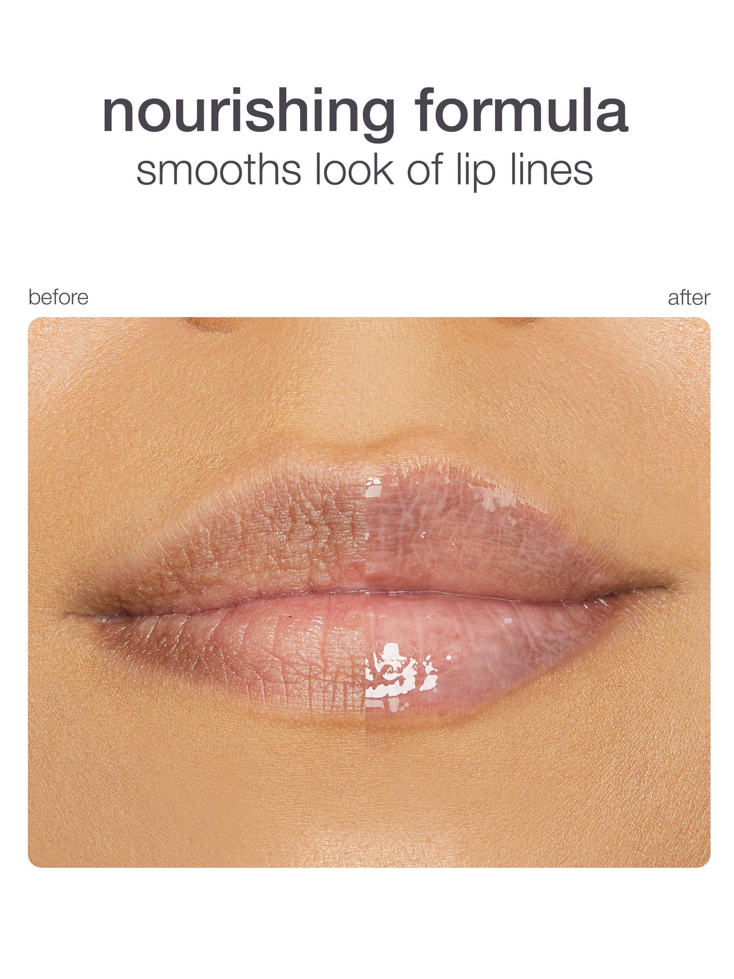 Before and after comparison of a nourishing lip formula on lips.