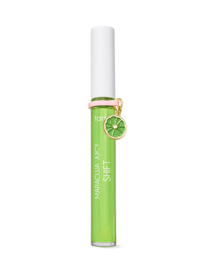 Brilho labial verde com tampa branca sobre um fundo branco