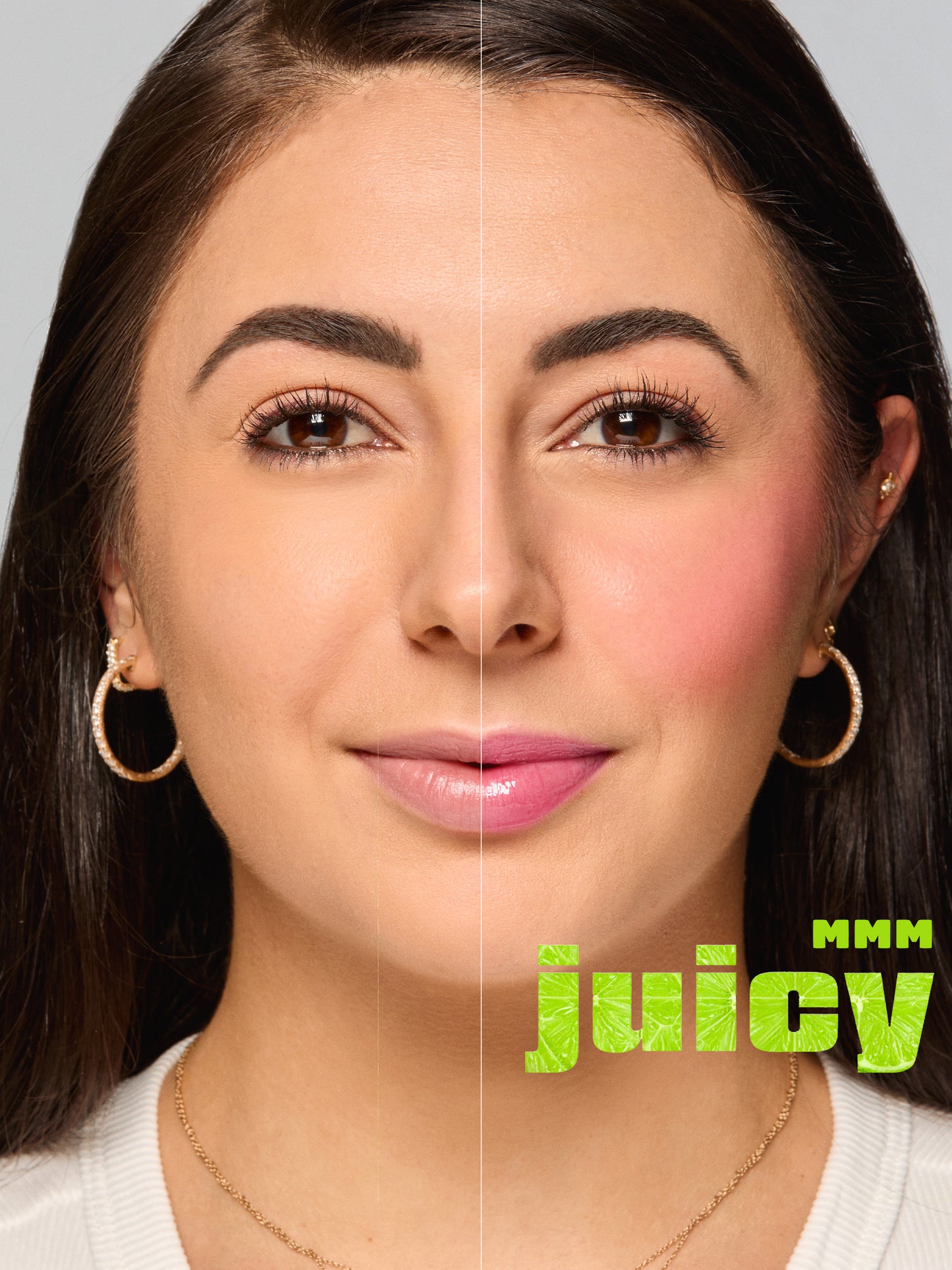 Woman with makeup on a gray background, featuring the brand 'mmm juicy'.