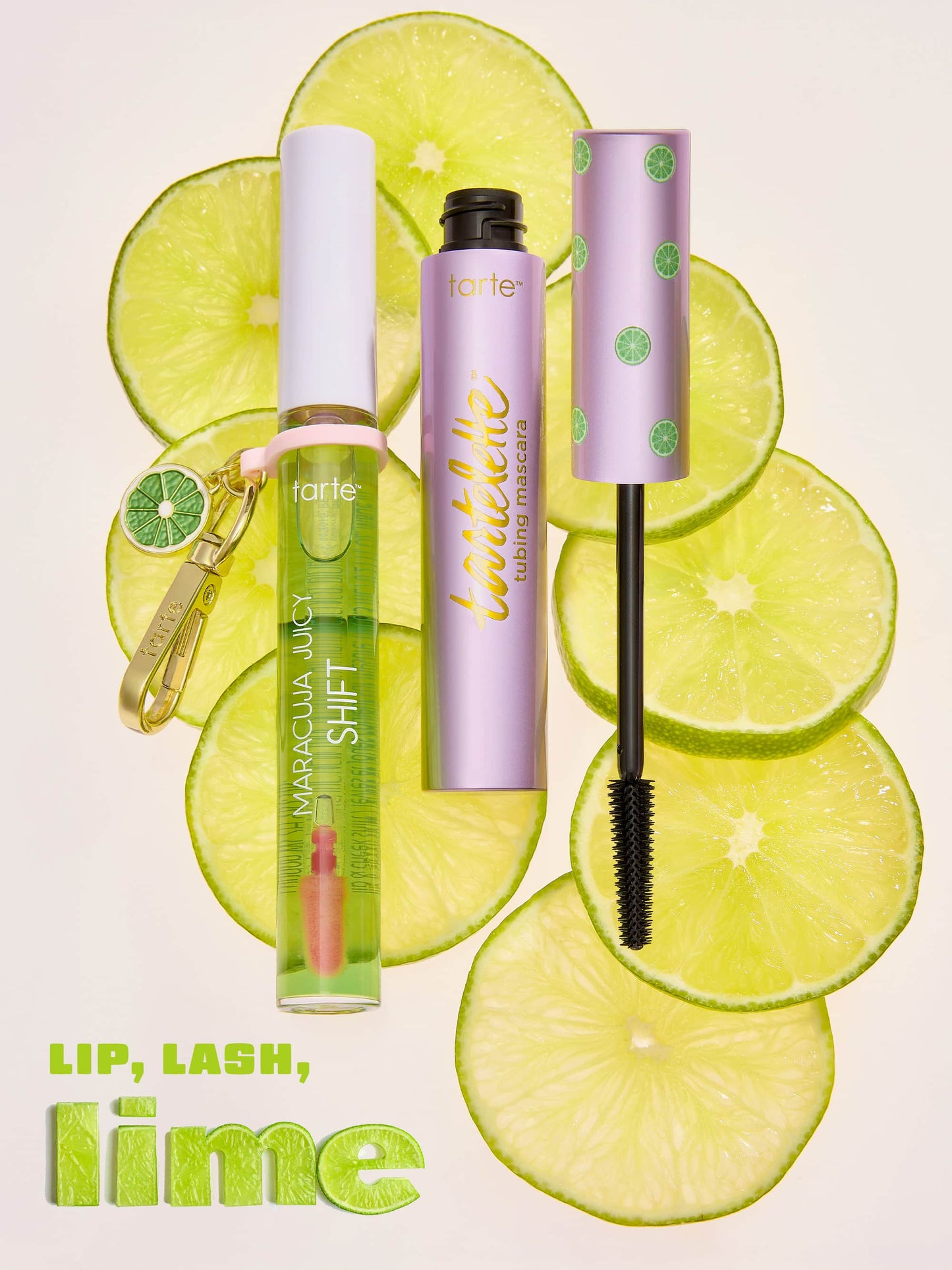 Tarte Cosmetics lip and lash products on a lime green background with 'Lip, Lash, Lime' text.