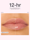 Before and after comparison of lips with 12-hour hydration effect, labeled 'Marina in rose'.