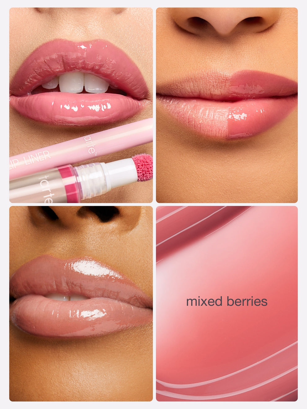 Lips are showcased in various shades of pink with gloss applied. A lip liner and applicator feature prominently. Background includes smooth pink texture with text: mixed berries.