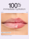 Lips showing hydration improvement; left side matte, right side glossy. Text: 100% saw immediate hydration, before, after, Clare in mixed berries, **based on a clinical study of 32 subjects.