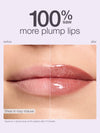 Lips appear plumper after using Tarte Cosmetics' product, shown in a before-and-after comparison labeled Shea in rosy mauve. Text states, 100% saw more plump lips, based on a clinical study.