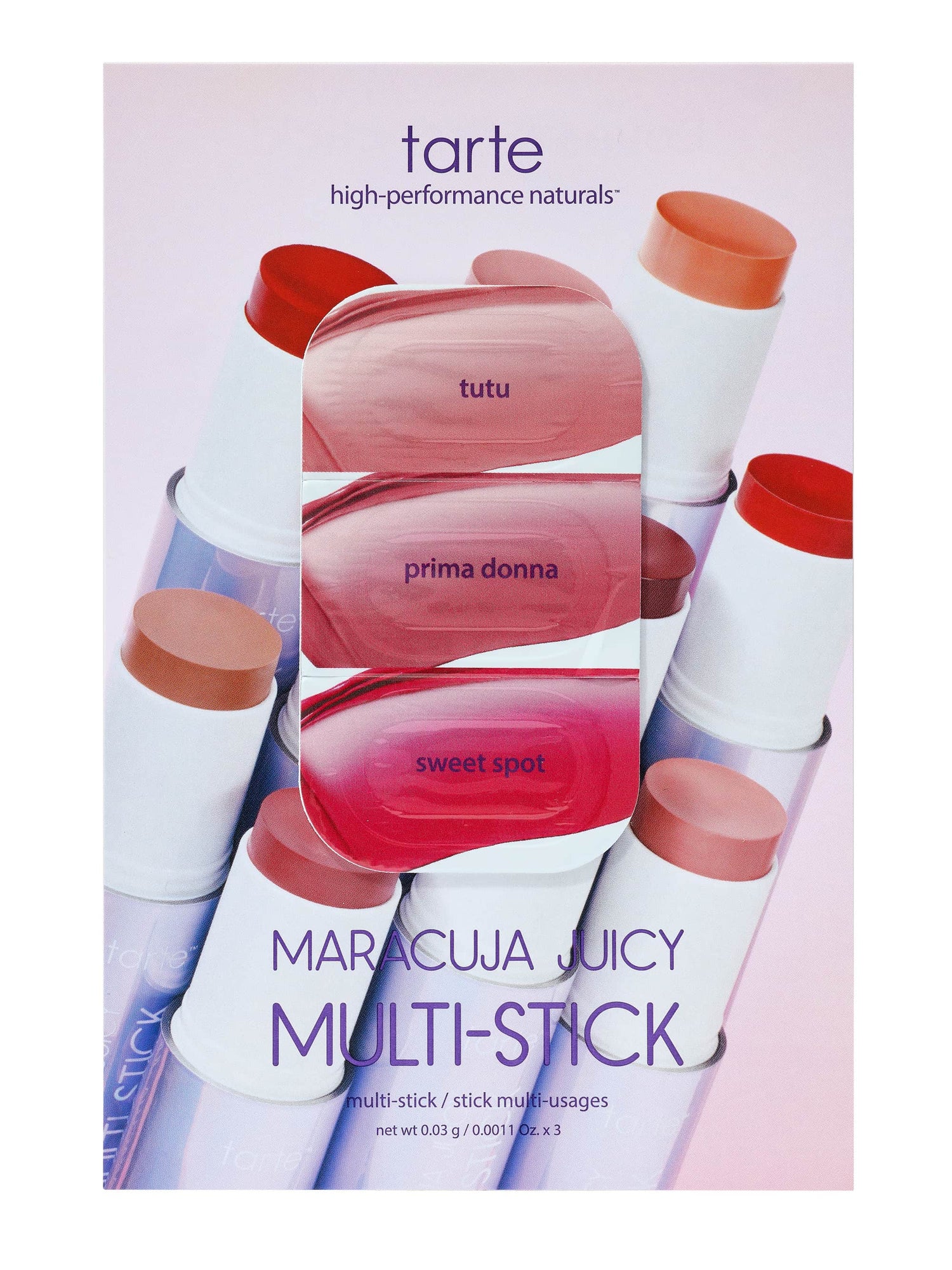Tarte Maracuja Juicy Multi-Stick packaging with lipsticks in various shades.
