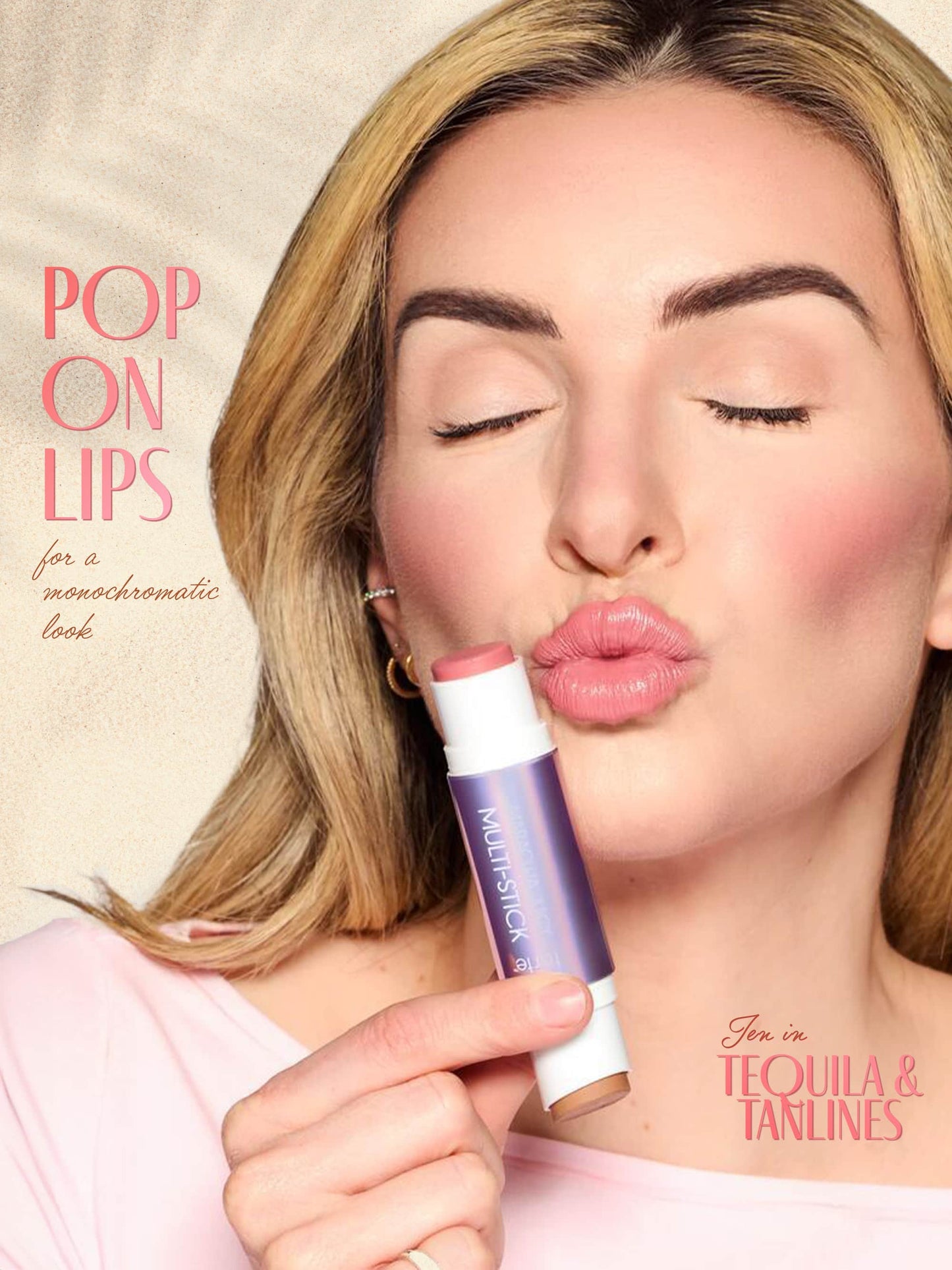 Woman applying lip balm with text about lip color and brand.