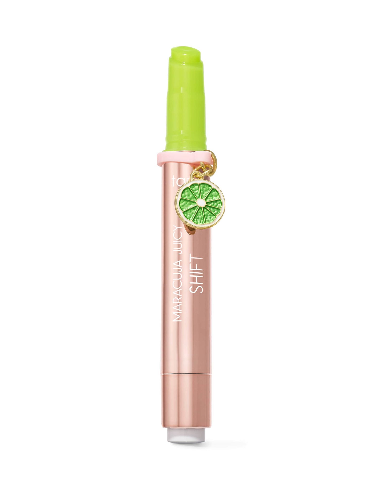 Makeup tool with green top and rose gold body on a white background