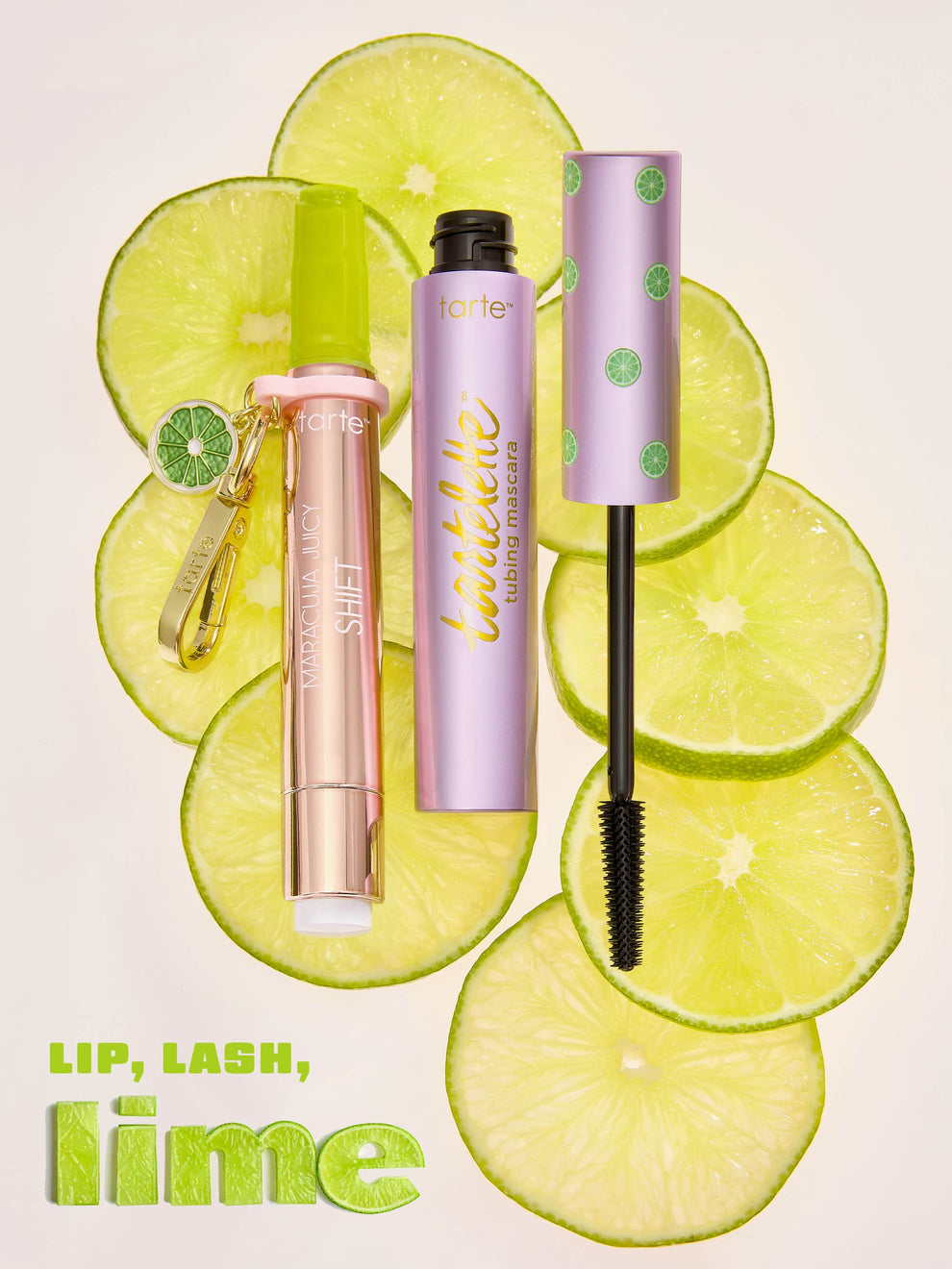 Makeup products on lime slices with 'Lip, Lash, Lime' text