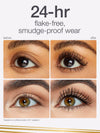 Close-up eyes showing eyelashes transforming from natural to longer, fuller in four before-and-after shots on a pale background; headline text: 24-hr flake-free, smudge-proof wear; before; after; *based on a clinical study of 31 subjects