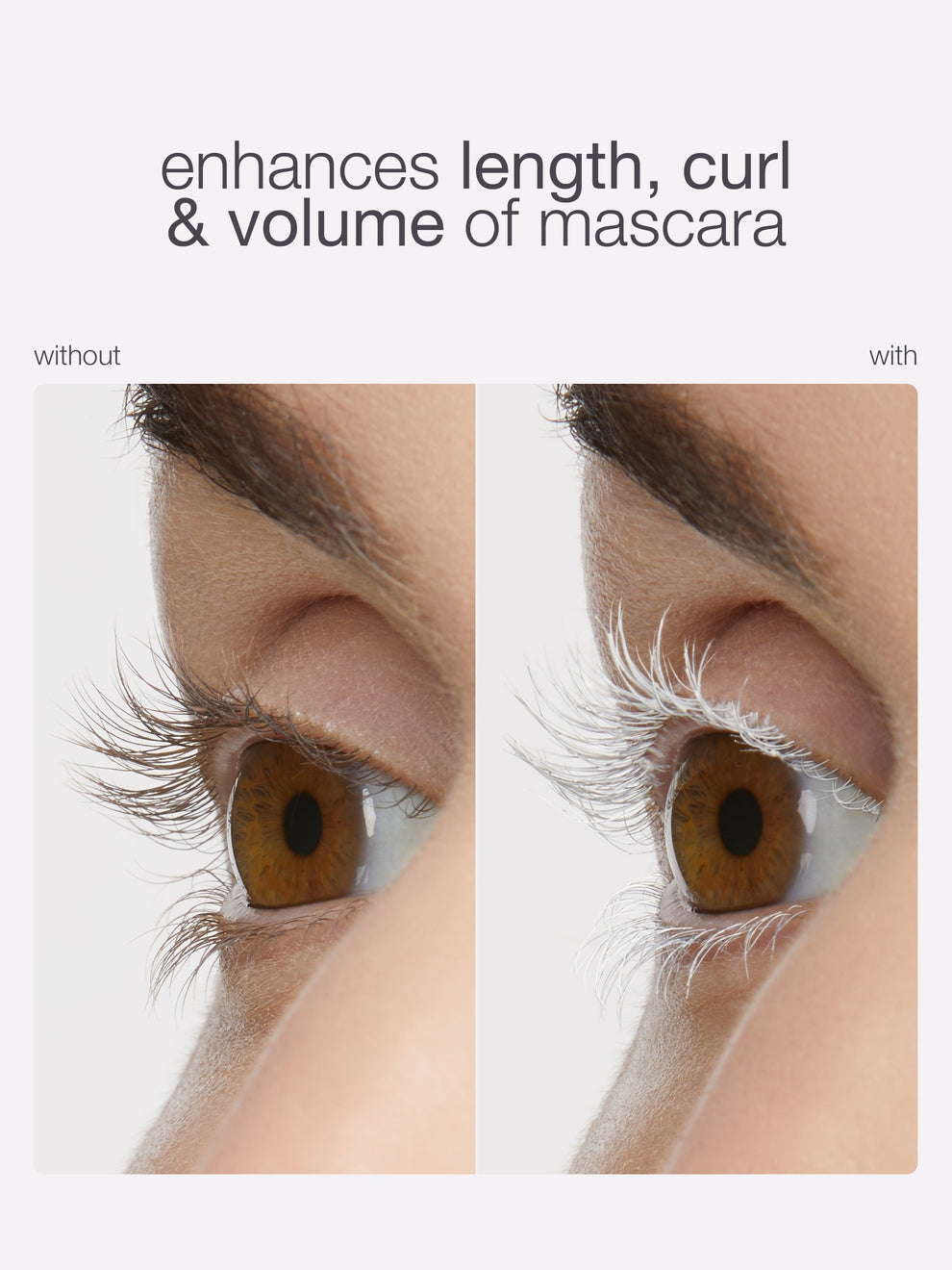 Comparison of eye lashes with and without mascara, highlighting length, curl, and volume.