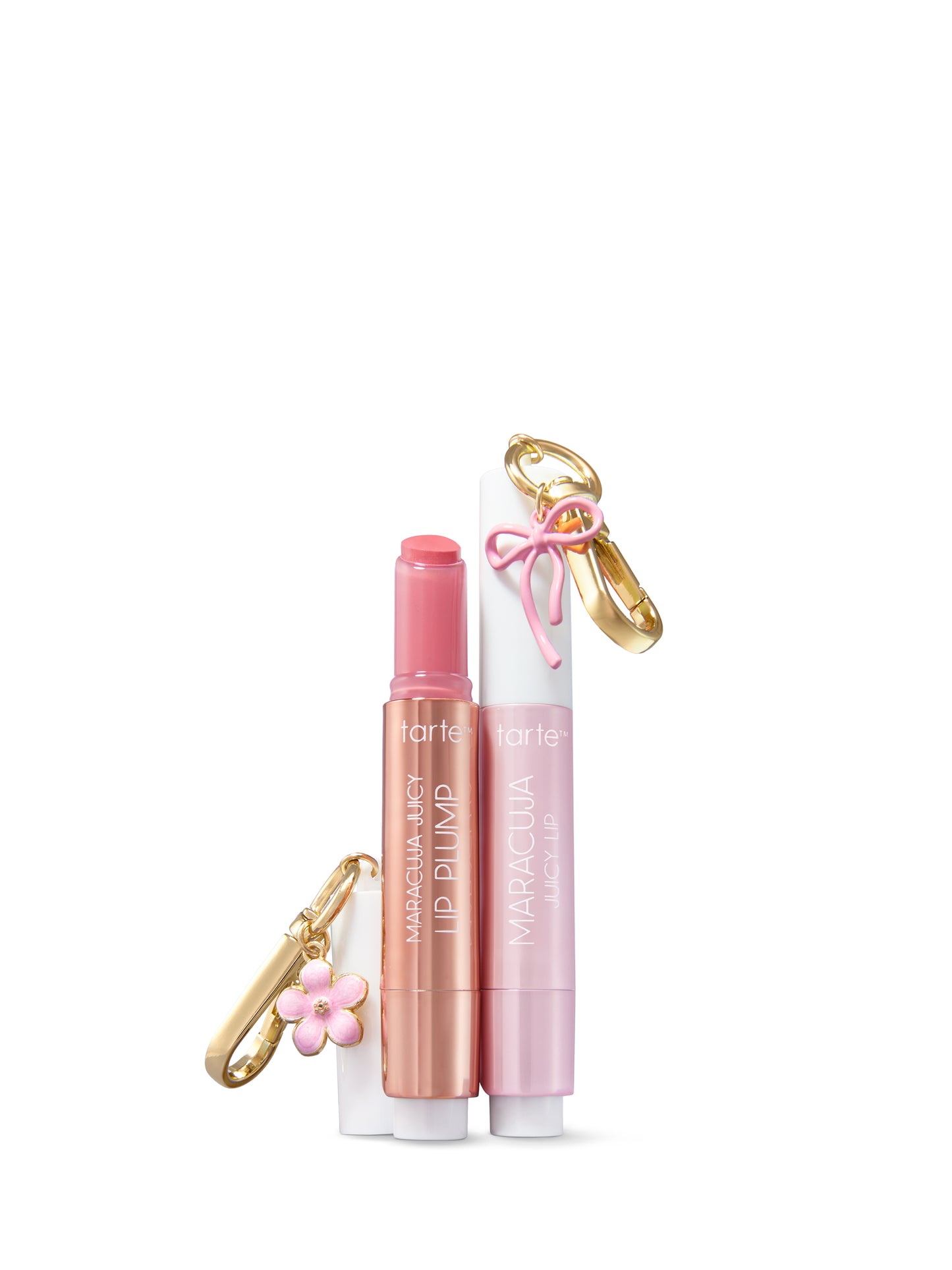 Two lip products with decorative elements on a white background