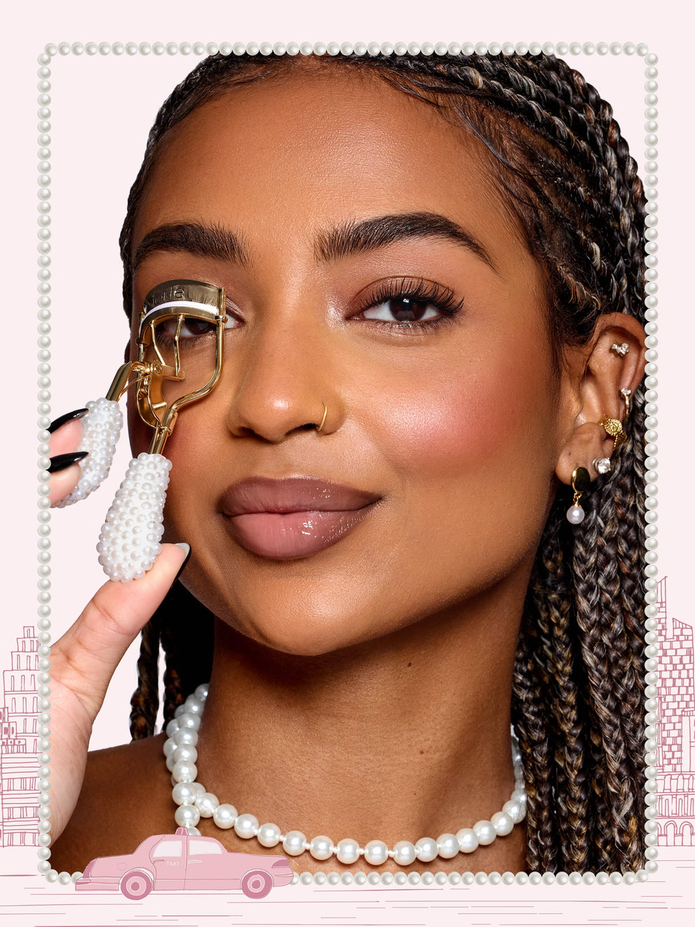 tarte cosmetics pearl lash curler, woman using against her eyelashes