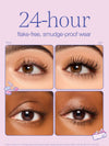 A promotional graphic for a 24-hour flake-free, smudge-proof wear. four square before-and-after eye photos showing long, curled eyelashes on two different skin tones. using tartelette tubing mascara