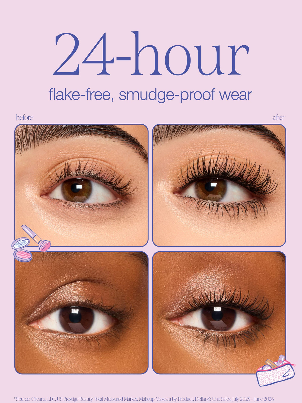 A promotional graphic for a 24-hour flake-free, smudge-proof wear. four square before-and-after eye photos showing long, curled eyelashes on two different skin tones. using tartelette tubing mascara