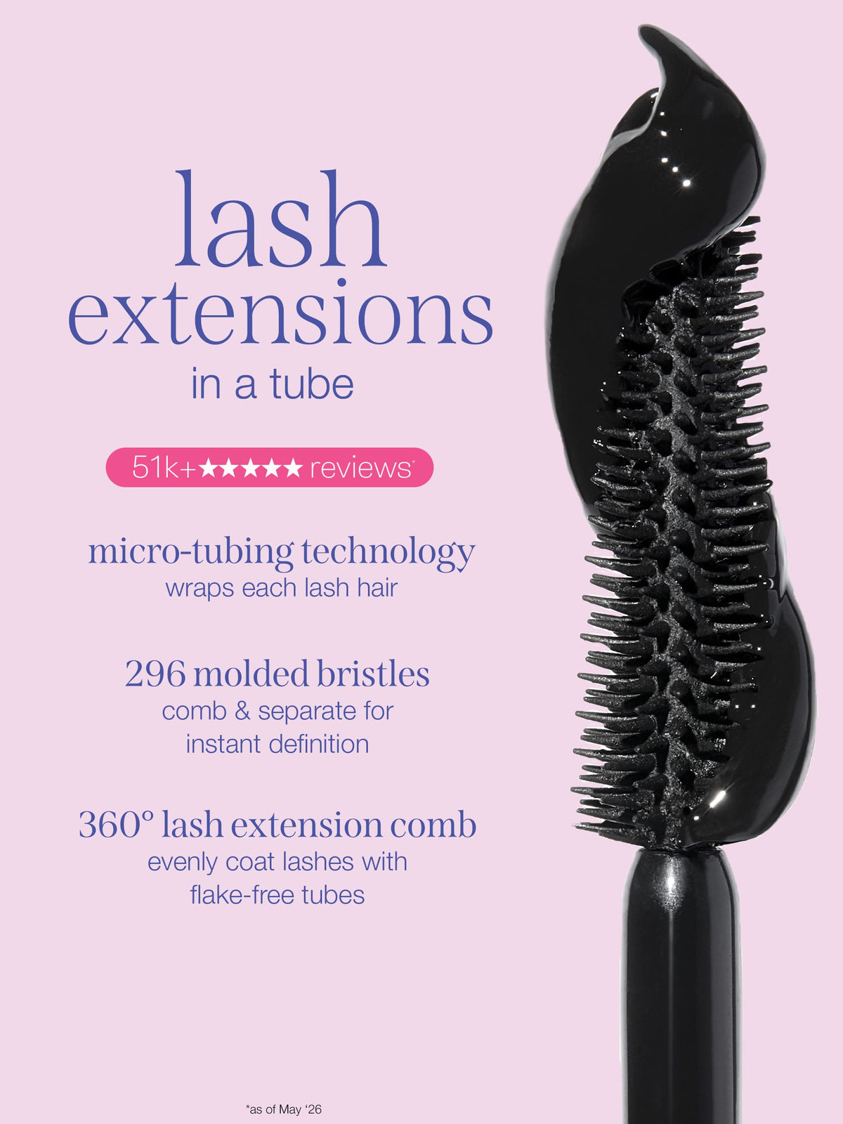 A lash extension comb with black flake-free tubes and bristles, shown on a light pink background with promotional text about micro-tubing technology and 51k+ reviews. tarte cosmetics x roller rabbit collaboration