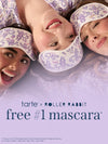 Three women lying down wearing white roller rabbit eye masks with purple swirl patterns, with text at the bottom reading 'tarte x ROLLER RABBIT free #1 mascara'.