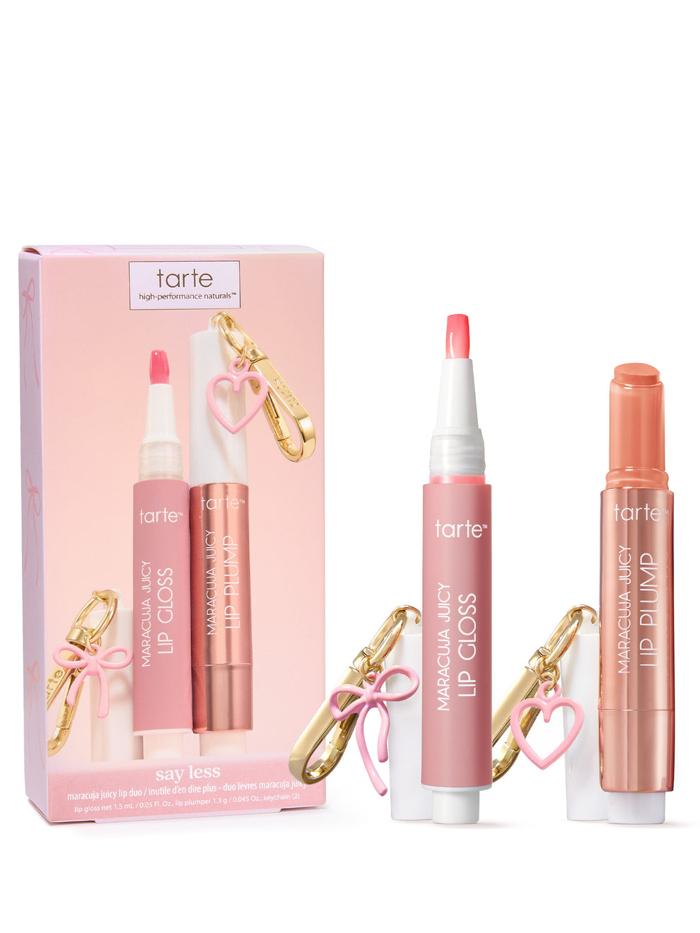 Tarte lip products displayed with pink box : a lip gloss and a lip plump, each with a gold keychain clip and pink heart charm.