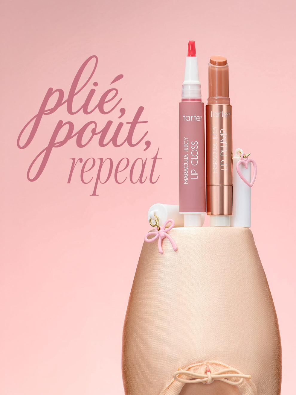Two Tarte lip products with the text 'plié, pout, repeat' on the left.