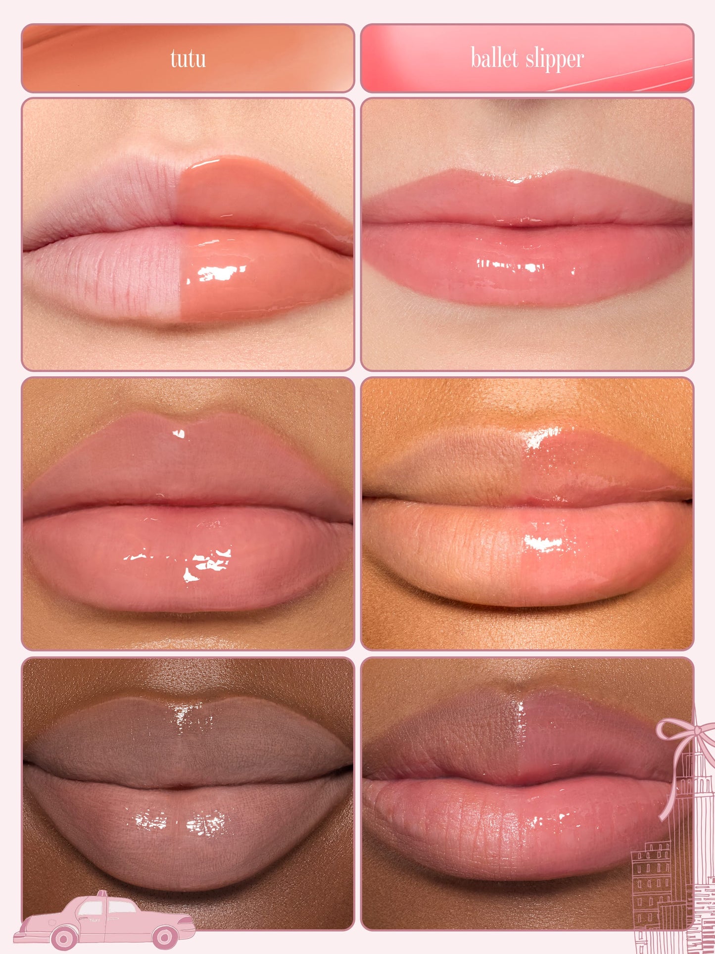 before and after of  tarte maracuja juicy lip plump on all skin colors, shades tutu and ballet slipper