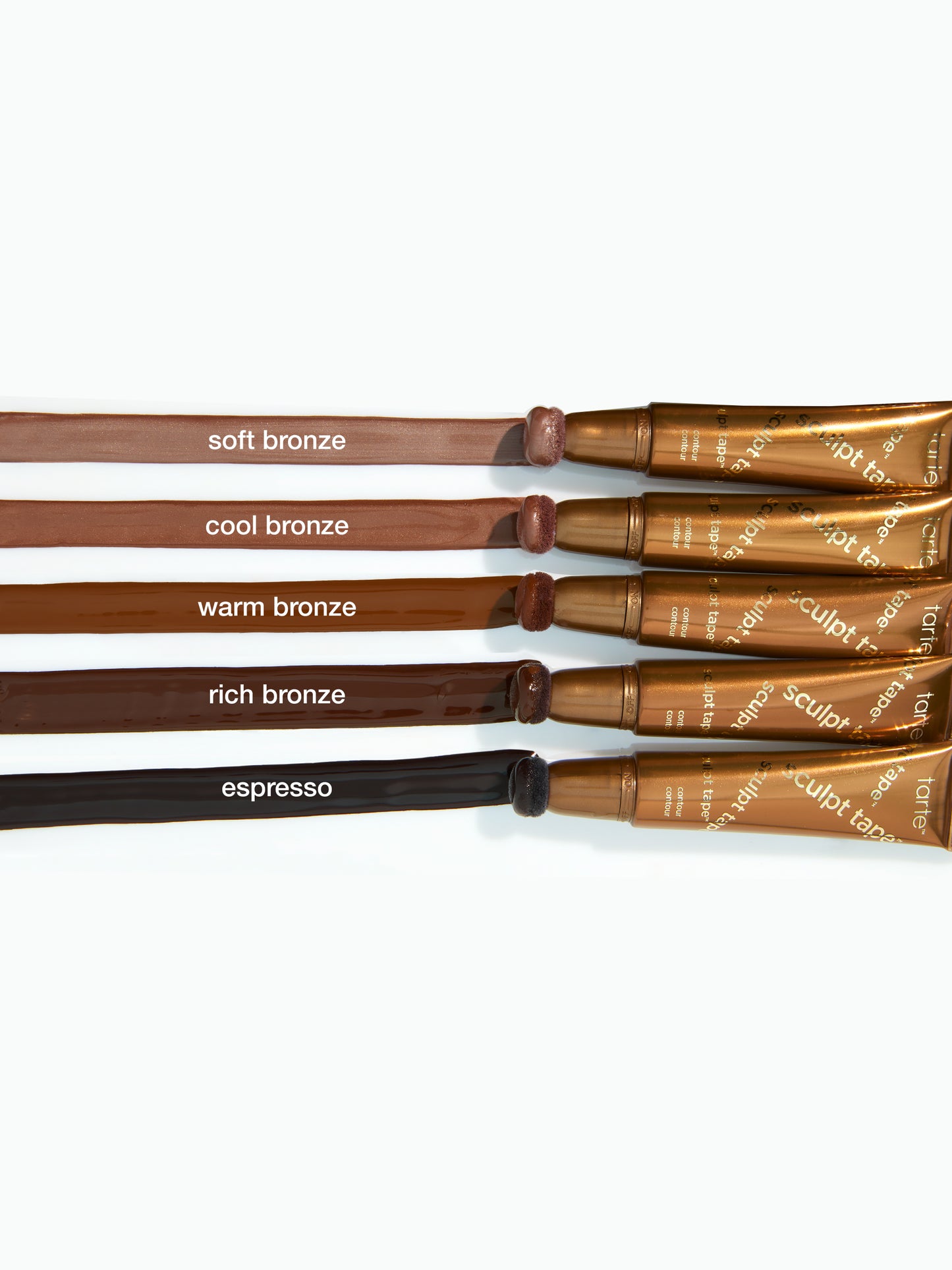 Set of brown makeup products with color labels on a white background