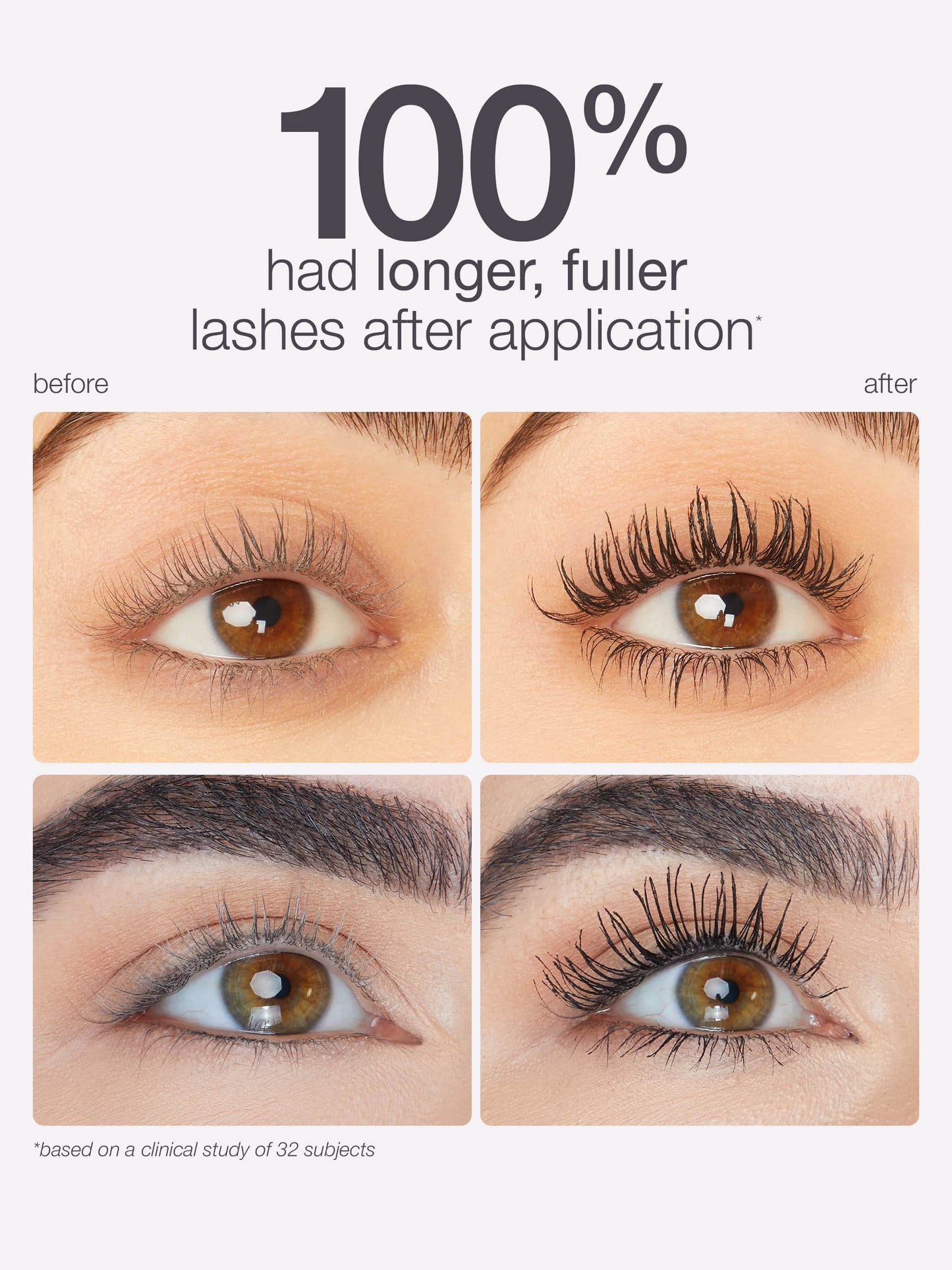 Before and after comparison of eye lashes with text indicating longer, fuller lashes.
