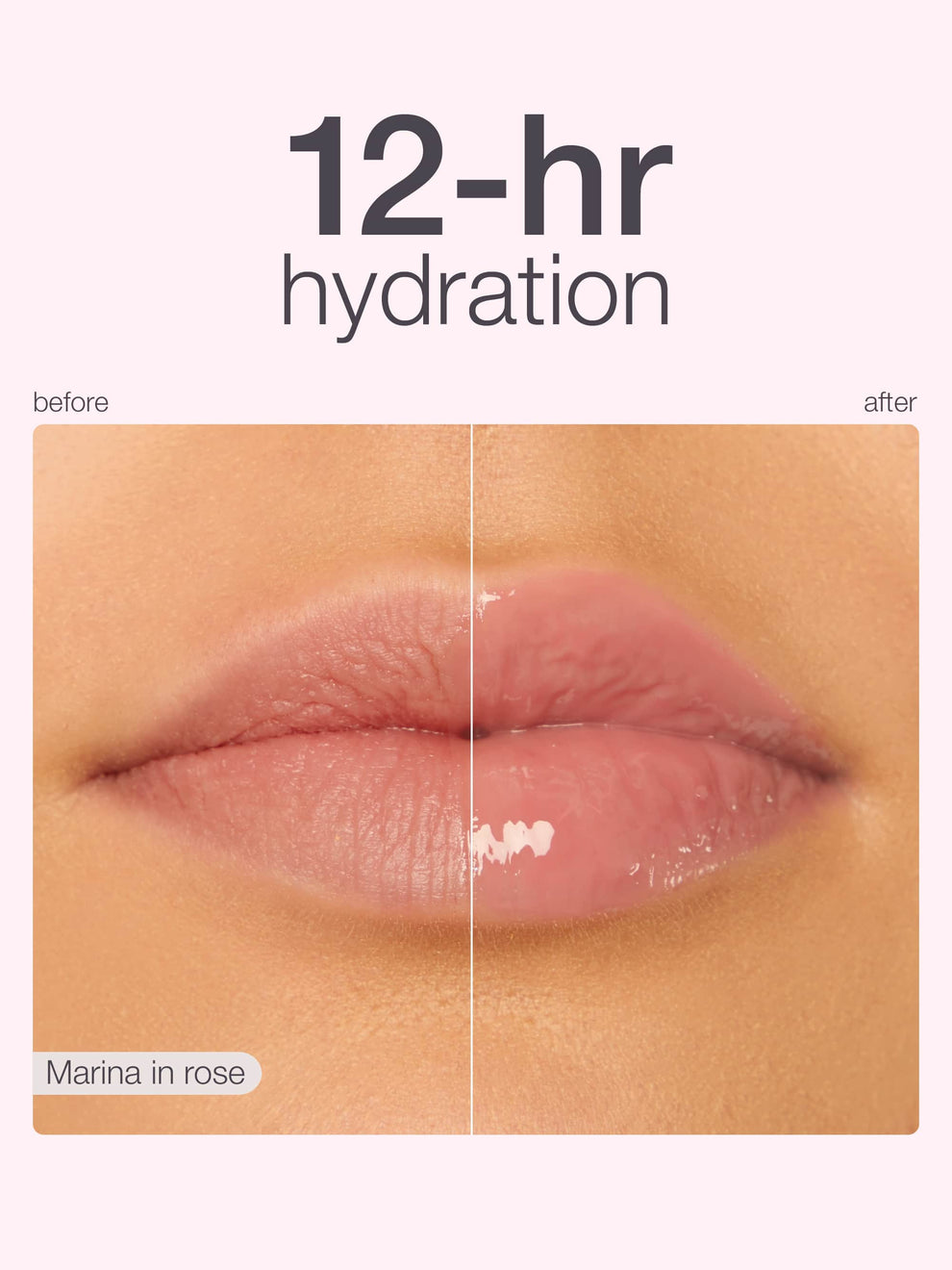 Before and after comparison of lips with 12-hour hydration effect, labeled 'Marina in rose'.