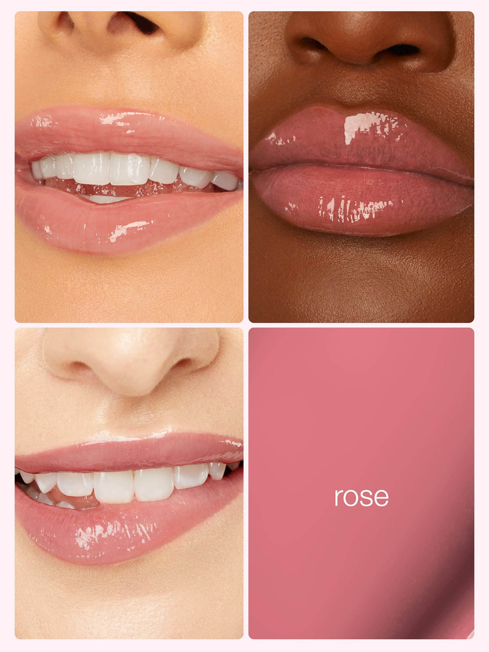Collage of lips with a 'rose' lipstick shade swatch.