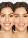 Before and after comparison of a woman's face using Amazonian clay smooth operator setting powder with visible skin improvement.