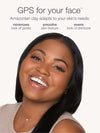 Woman with a smiley face, promoting Amazonian clay setting powder with text on a white background.