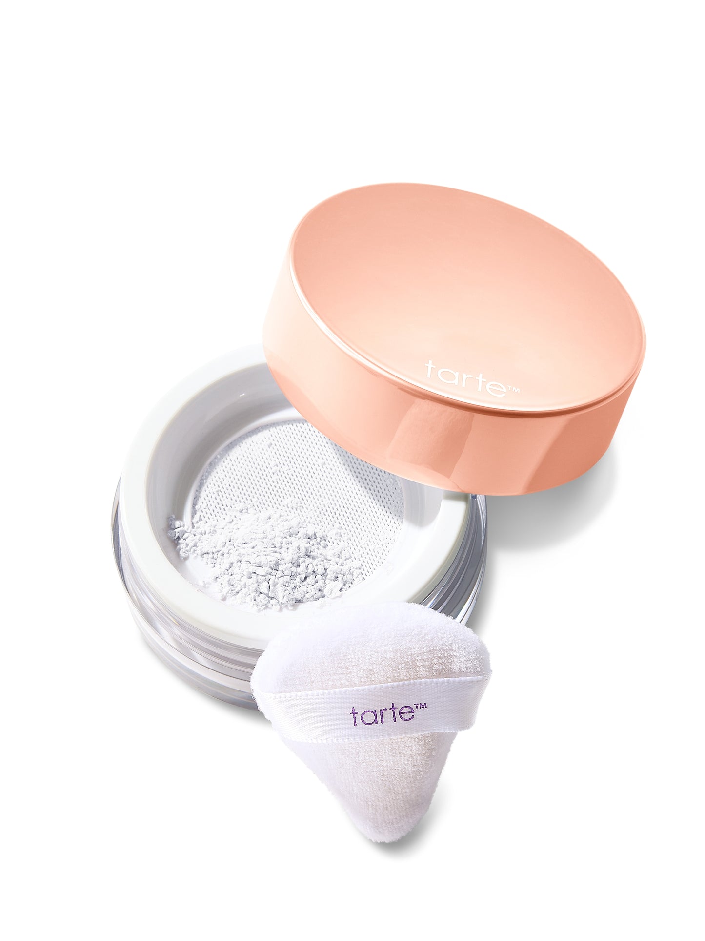 Cosmetic product with a pink lid, white container, and white puff on a white background