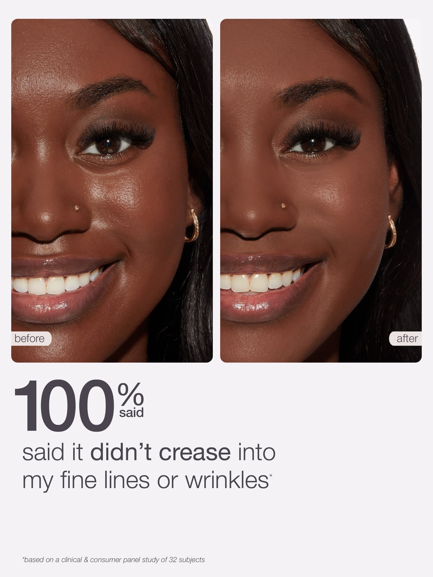 Before and after comparison of a woman's face with text indicating product effectiveness.