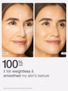 Before and after comparison of a woman's face with text indicating weightless and texture-smoothing effects.