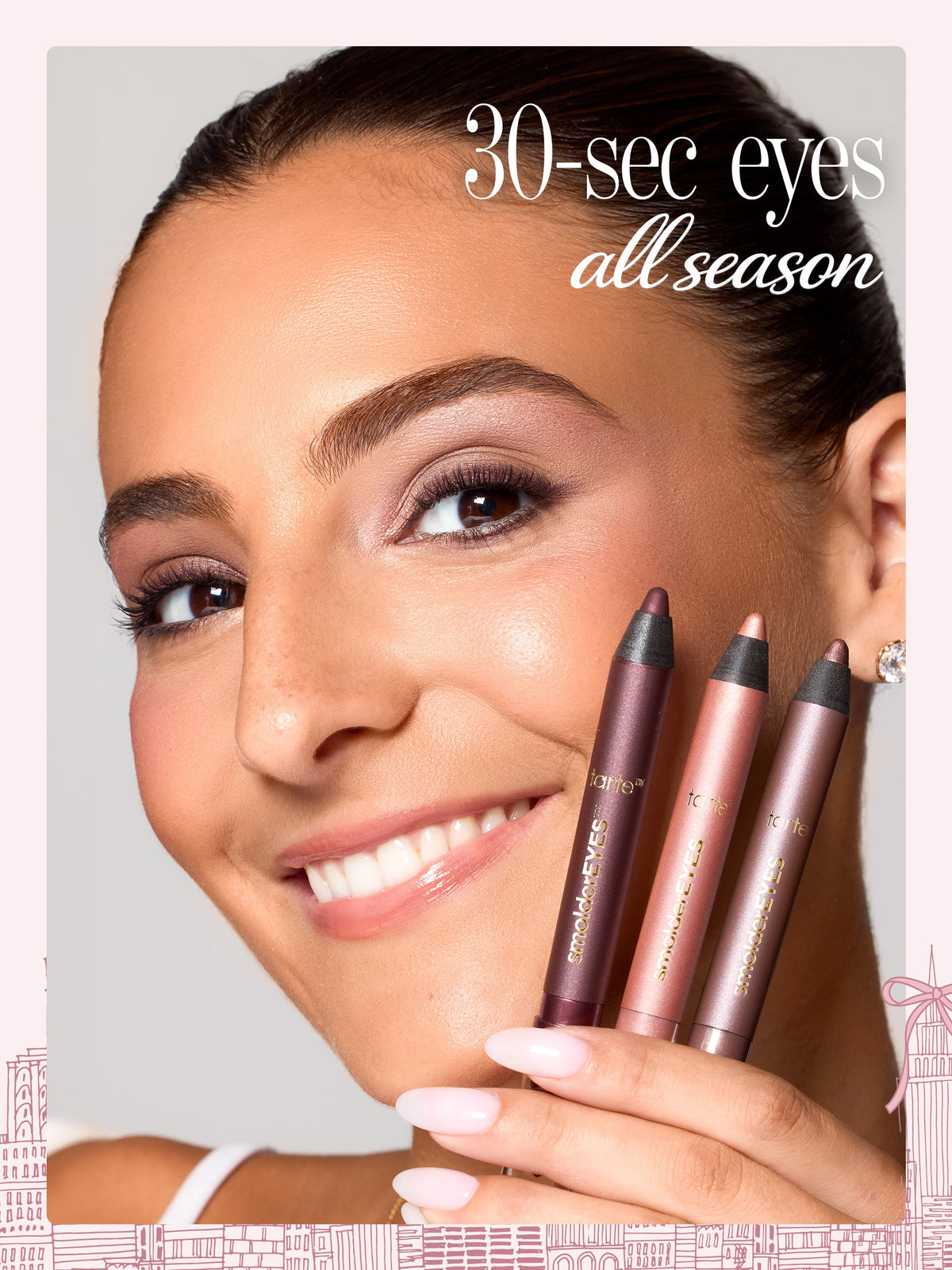 woman holding tarte cosmetics smoldereyes liner trio, 30 second eye look