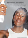Woman applying a makeup setting spray with text highlighting its weightless feel and long-lasting properties.