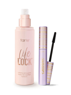 Tarte 'Life Lock' setting spray and mascara on a white background