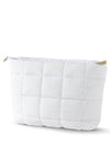 tarte White quilted pouch with gold zipper on a white background
